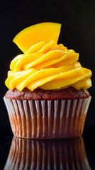 Delicious cupcake with vibrant yellow frosting and a fruit topping.