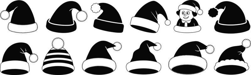 Santa hat vector collection, Christmas holiday winter headwear clipart, festive black and white holiday caps, cartoon Santa Claus icons.