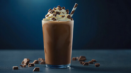 Iced chocolate drink topped with whipped cream and chocolate shavings.