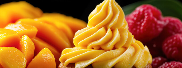 Close-up of vibrant fruits with a swirl of mango cream.