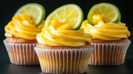 Three lime-topped mango cupcakes with vibrant frosting on a dark background.