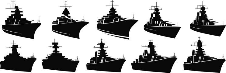 Warship silhouette collection, military battleship vector set, navy ship design elements, black war vessels for defense, ocean, combat illustrations. © Heyyy