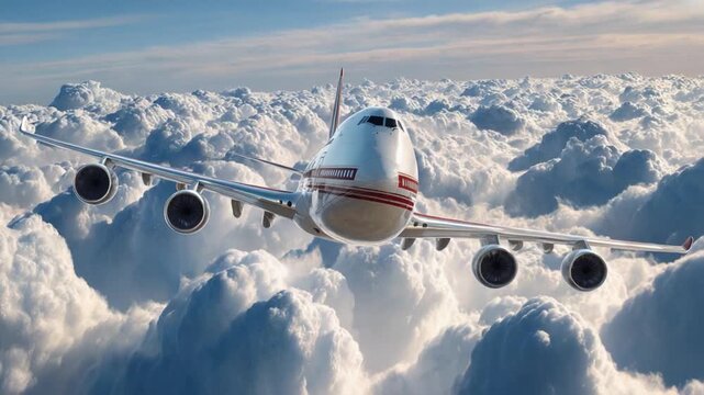 Soaring High: A majestic jumbo jet gracefully navigates the boundless expanse of the sky, piercing through a sea of fluffy clouds with unwavering resolve and precision, an emblem of human ambition.