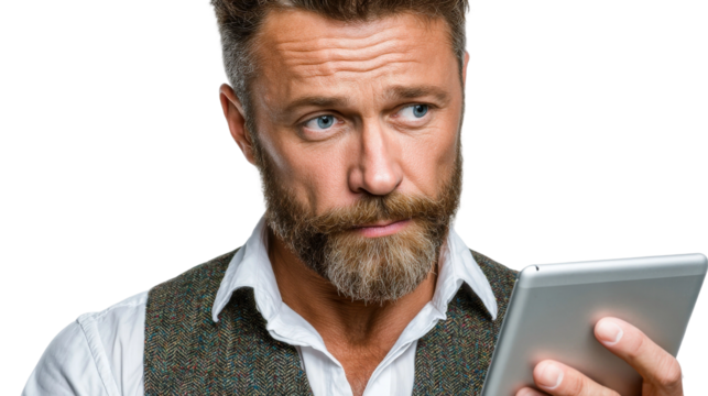 Thoughtful man with a beard in a vest holding a tablet and contemplating his next move while isolating on a white background.