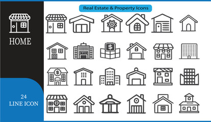Fototapeta premium Home and Building Line Icons Set 24 Outline Vector Icons for Real Estate, Architecture, and City Design