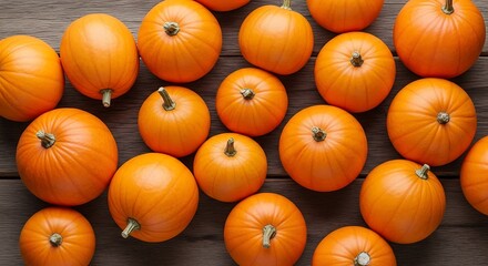 Autumn harvest of small pumpkins on wooden surface.