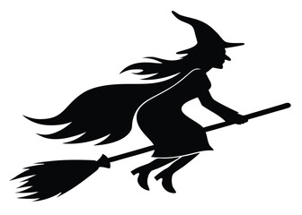 Black Silhouette Of A Witch Flying On A Broomstick With Flowing Cape And Hat magic