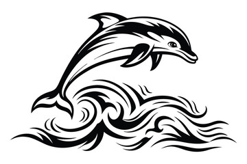 Fototapeta premium Black and White Dolphin Jumping Waves Silhouette Design