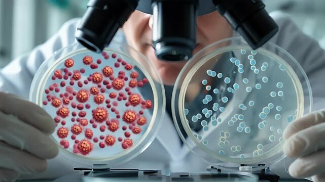 Microbiology Research: Scientist examining petri dishes with pathogens under a microscope for disease study