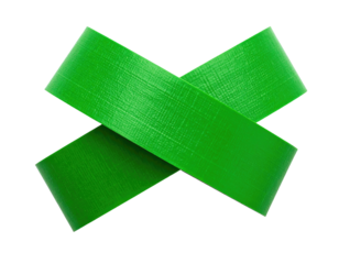 Two crossed, vibrant green adhesive strips