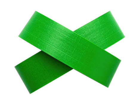 Two crossed, vibrant green adhesive strips