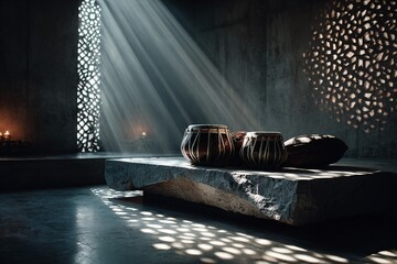 Sunlit Tablas on Stone Slab in Traditional Interior