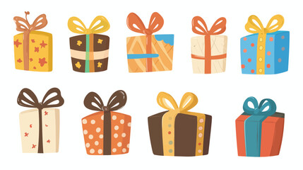 Colorful gift boxes vector illustration for holiday celebration birthday and Christmas presents with ribbons and bows