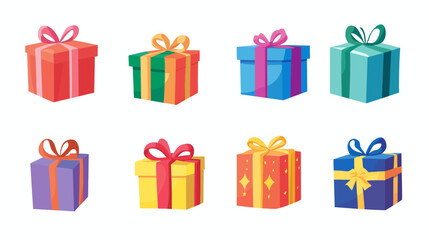 Colorful gift boxes vector illustration for holiday celebration birthday and Christmas presents with ribbons and bows