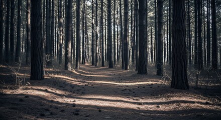 Fototapeta premium Ethereal sunlight filters through the dense trunks of a tall pine forest