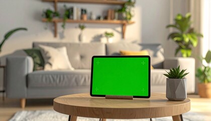Fototapeta premium Front view of a digital tablet with a green screen mockup standing on a wooden coffee table in a bright, modern living room interior
