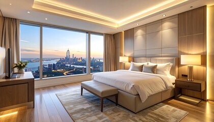 Fototapeta premium Luxurious bedroom with city view