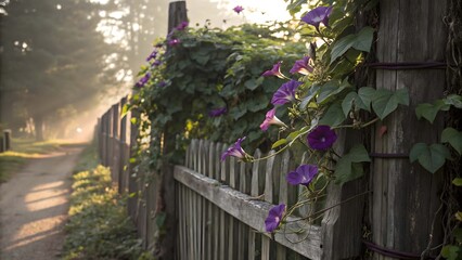 Rustic wooden fence with purple morning glory flowers and misty path purple flowers climbing plant