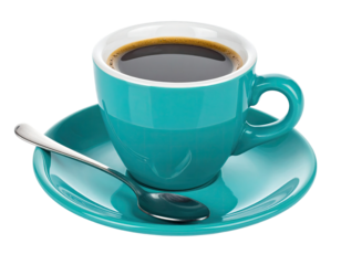 Teal coffee cup with saucer and spoon.  Dark coffee fills the cup