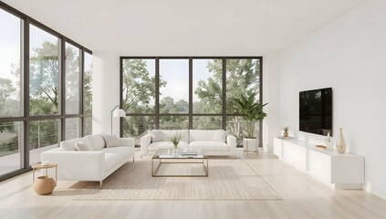 Fototapeta premium Modern Living Room with Large Windows and Comfortable Sofas
