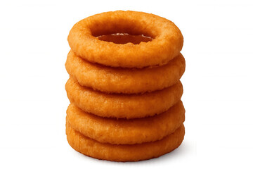 Five golden onion rings forming a delicious stack, isolated on transparent background, ideal for food and restaurant marketing