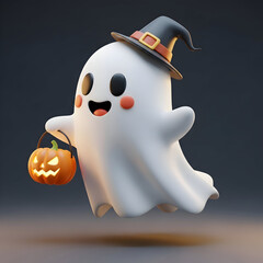 Playful Halloween Ghost Holding Jack-o’-Lantern — Cute Trick-or-Treat Character

