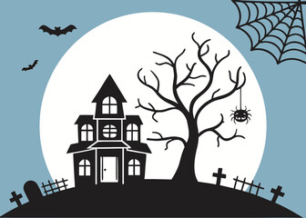Spooky Halloween Scene with Haunted House Bats and Spider on a Full Moon Night vector illustration
