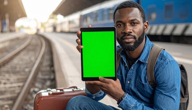 Young man at train station holding digital tablet with green screen for advertisement