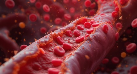 Microscopic view of red blood cells flowing through a vessel, detailed 3D rendering of blood flow, healthcare and medicine illustration