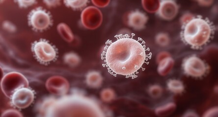 Microscopic view of virus cells among red blood cells, medical illustration, healthcare, science, 3D rendering, biology