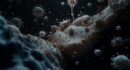 Microscopic view of virus infecting human skin, 3D render of virus particles, medical illustration, disease concept