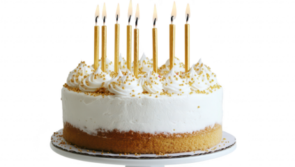 A beautifully decorated birthday cake with white frosting and golden sprinkles. topped with nine lit candles. set against a minimalist background. perfect for celebration themes