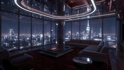 Fototapeta premium Modern luxury penthouse living room overlooking a glittering city skyline at night