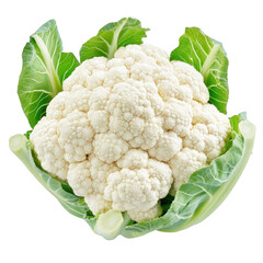 A fresh. cauliflower with lush green leaves. its natural beauty against a clean background. ideal for culinary uses. healthy eating promotions. or farm-to-table themes