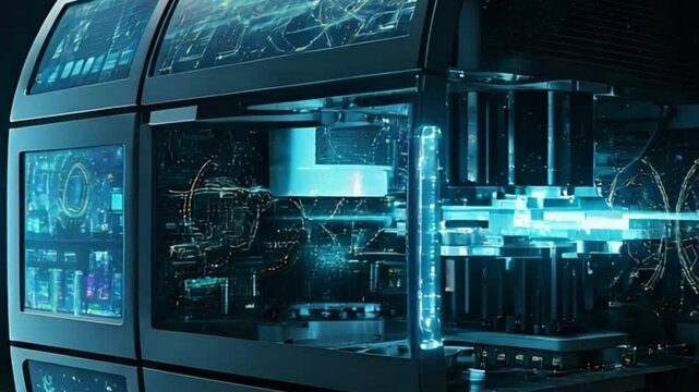 Futuristic supercomputer processing data with glowing blue light.