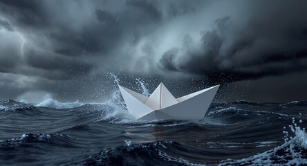 Paper boat in stormy sea, origami boat sailing through waves, dramatic ocean scene, nautical concept, vulnerability, resilience, hope, stormy weather, dark clouds, rain, lightning, ocean waves, w