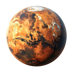 Naklejka premium A detailed, round depiction of a desert planet. Terraced, ochre-hued surface with dark, sinuous markings. Pale, cloudy regions at the poles. High-contrast image