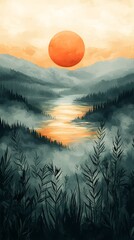 Misty River Sunset for Mountain Landscape.