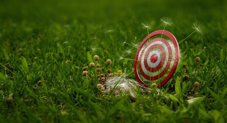 Red and White Target in Green Grass with Dandelions