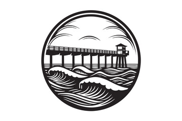 Black Pier with Ocean Waves and Oval on White Background