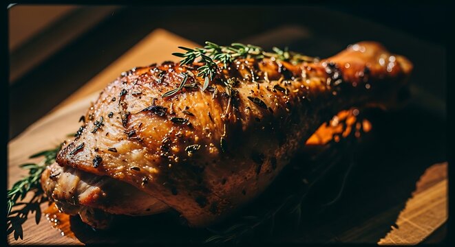 Roasted poultry leg garnished with rosemary on rustic wooden platter