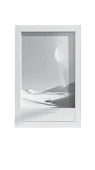 A framed monochrome landscape print, featuring a vast expanse of light gray desert dunes, a pale moon, and a hint of light