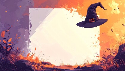 Spooky Halloween witch hat with bats and empty frame for text