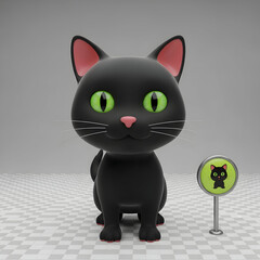 Adorable Black Cat 3D Character with Bright Green Eyes — Playful Pet Mascot

