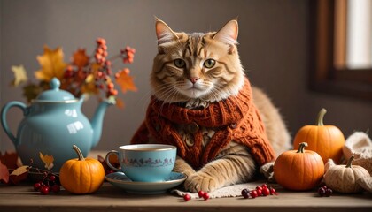 Autumnal Cat Cozy A Feline Friend Enjoys Tea Time Amidst Fall's Warmth and Pumpkins