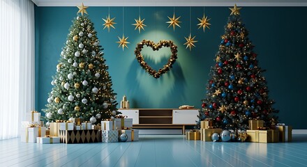 Festive living room with christmas trees, gifts, and decorations for a cozy holiday