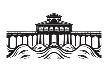 Black Silhouette of Huntington Beach Pier with Waves on White Background