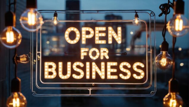 Neon Open for Business sign with city skyline view and colorful light bulbs, creating a warm and inviting atmosphere.