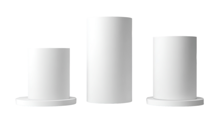 Three cylindrical white objects of varying heights,  sitting on circular bases.  They appear to be  3D model renderings or illustrations