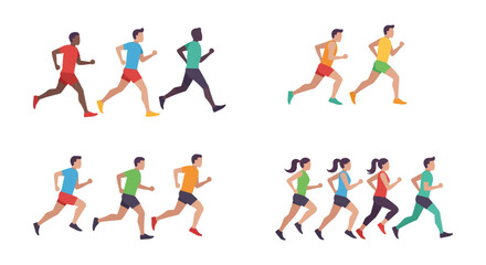 runners in colorful outfits sprinting energetically across white background